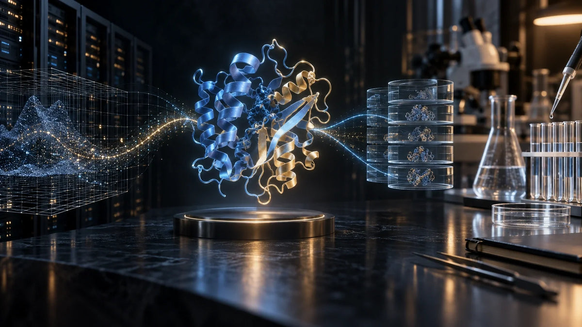 Illustration éditoriale conceptuelle liée à une prédiction de structure protéique est un outil de recherche, pas l’expérience finale, sans texte ni logo