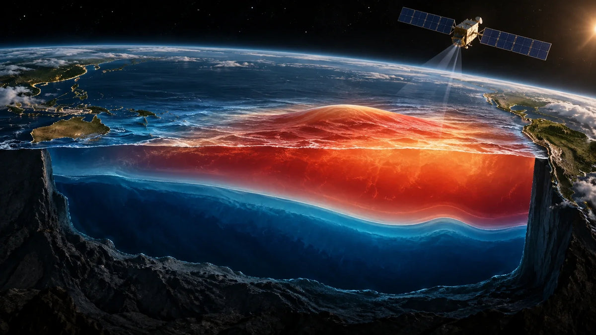 Illustration éditoriale conceptuelle liée à el niño se voit dans la hauteur de l’océan autant que dans sa température, sans texte ni logo