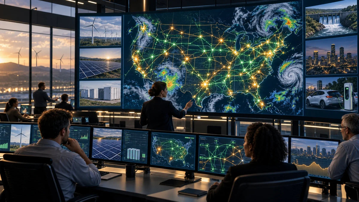 „Když začne elektrická síť myslet dopředu: vznikající role AI v čisté energetice“ — redakční ilustrace vytvořená pomocí AI; koncept, ne skutečná fotografie ani faktický důkaz.