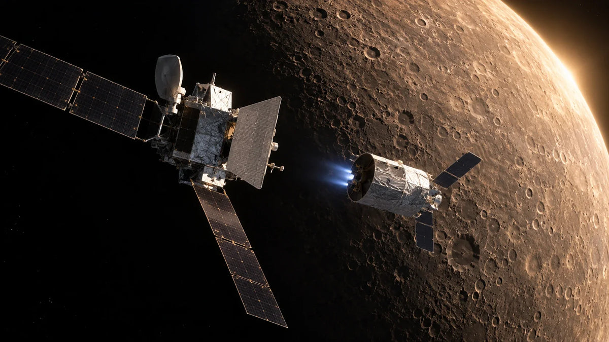 AI-generated editorial illustration for “BepiColombo’s Mercury Arrival Has Begun: Why One Successful Separation Matters”; conceptual scene, not a real photograph or factual evidence.