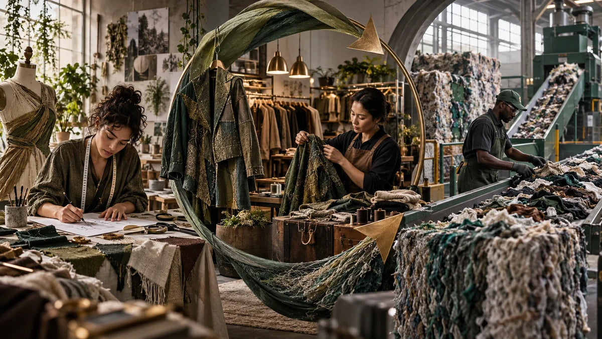 AI-generated editorial illustration for “Why Circular Fashion Stalls Beyond Fabric Choice”; conceptual scene, not a real photograph or factual evidence.