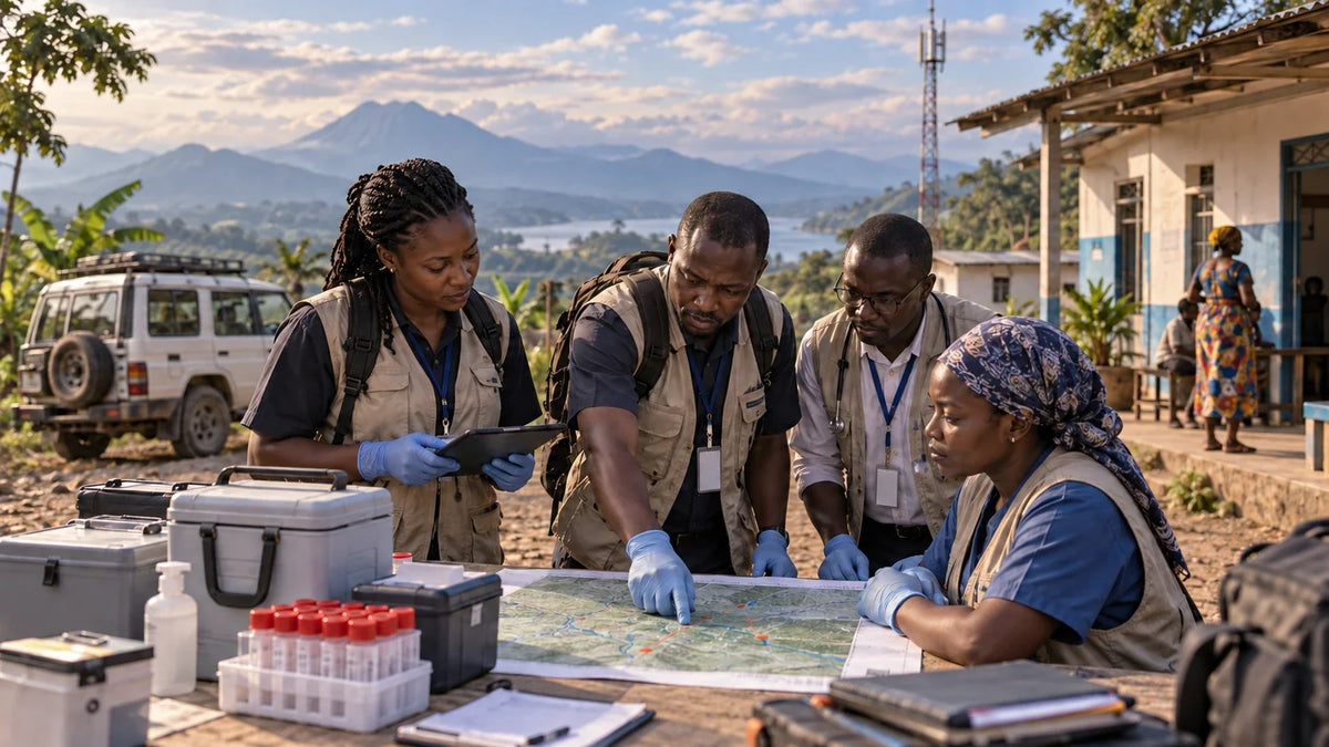 AI-generated editorial illustration of a public-health field team conducting Ebola surveillance in the DRC; not a photograph of a real incident.