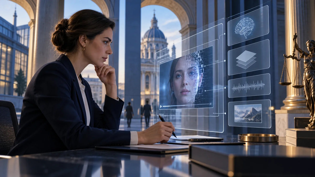 AI-generated editorial illustration of a reviewer examining AI transparency and disclosure signals; conceptual, not legal evidence.
