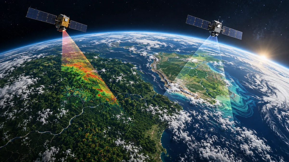 AI-generated editorial illustration for “Reading Plant Stress From Orbit: What FLEX and Sentinel-3C Are Designed to Measure”; conceptual scene, not a real photograph or factual evidence.