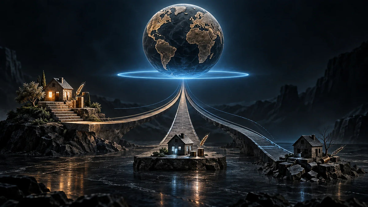 Conceptual editorial illustration of diverging global economic paths emerging from one forecast baseline, without text or logos