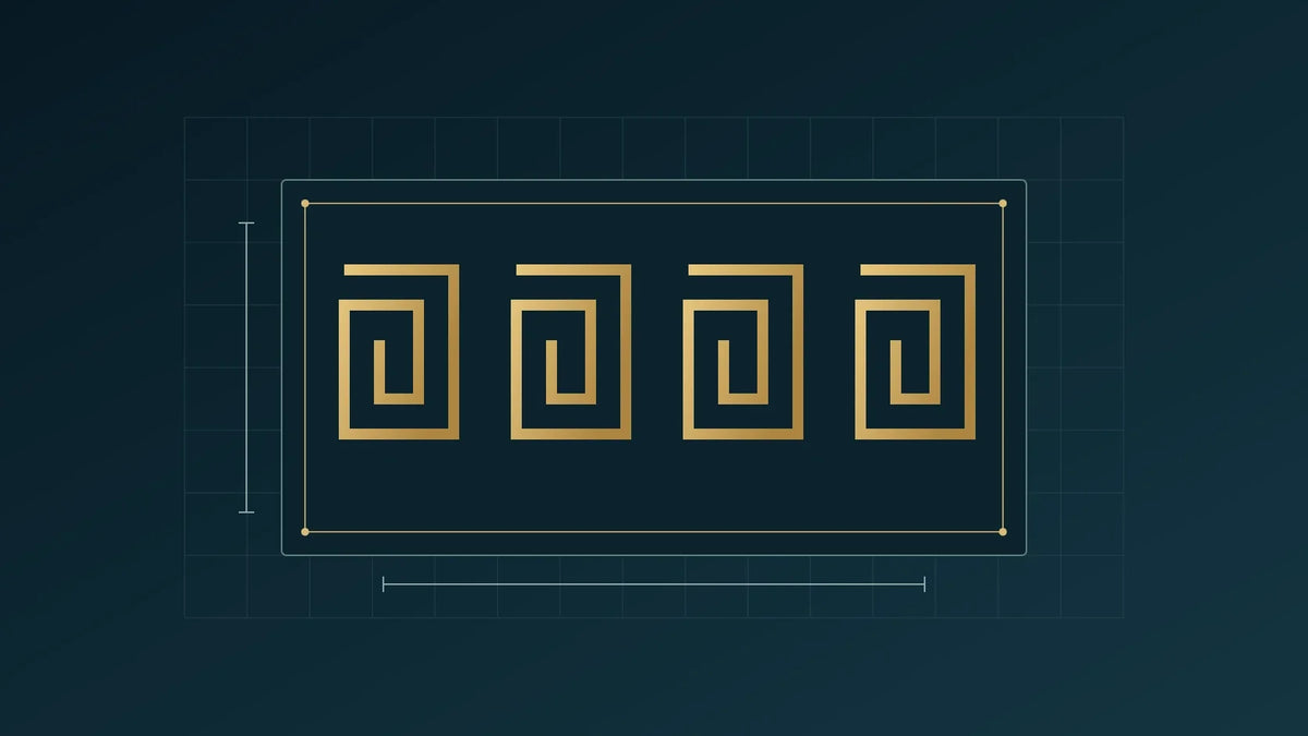 Original abstract studies of angular gold borders on a dark blue background; a modern editorial illustration, not a reproduction of an ancient object.