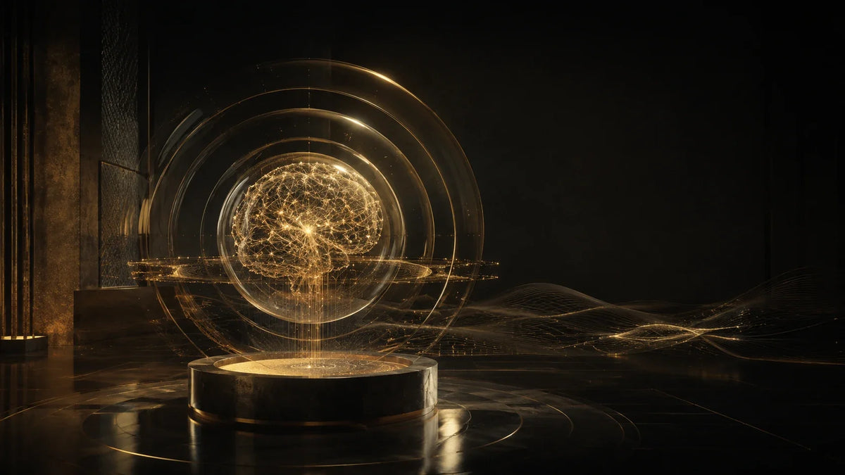 Golden neural lattice protected by concentric transparent safety rings in a dark gallery
