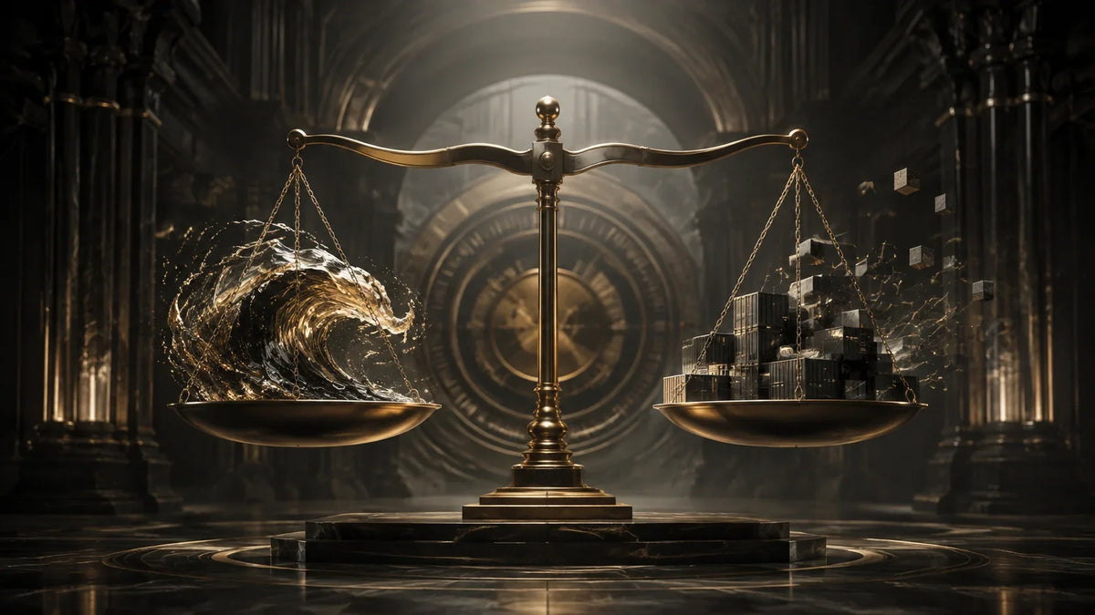 Golden balance scale between an energy wave and trade containers inside a dark central-bank hall