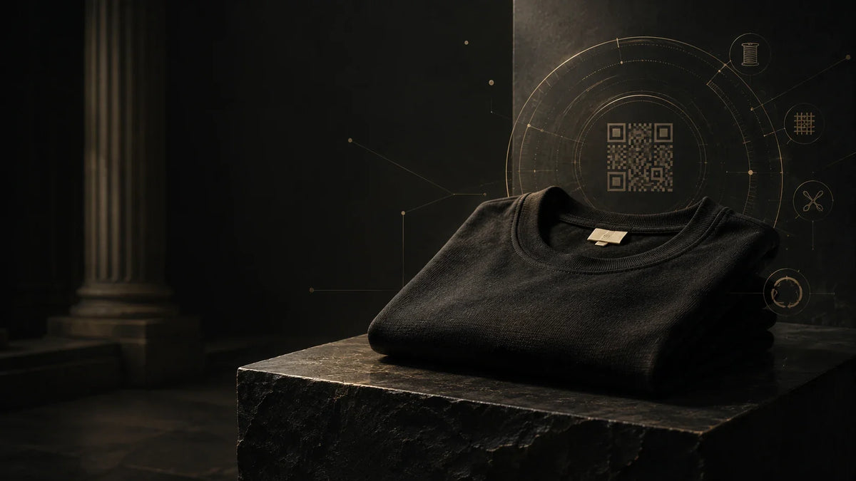 Conceptual black garment connected to an abstract digital product passport data marker