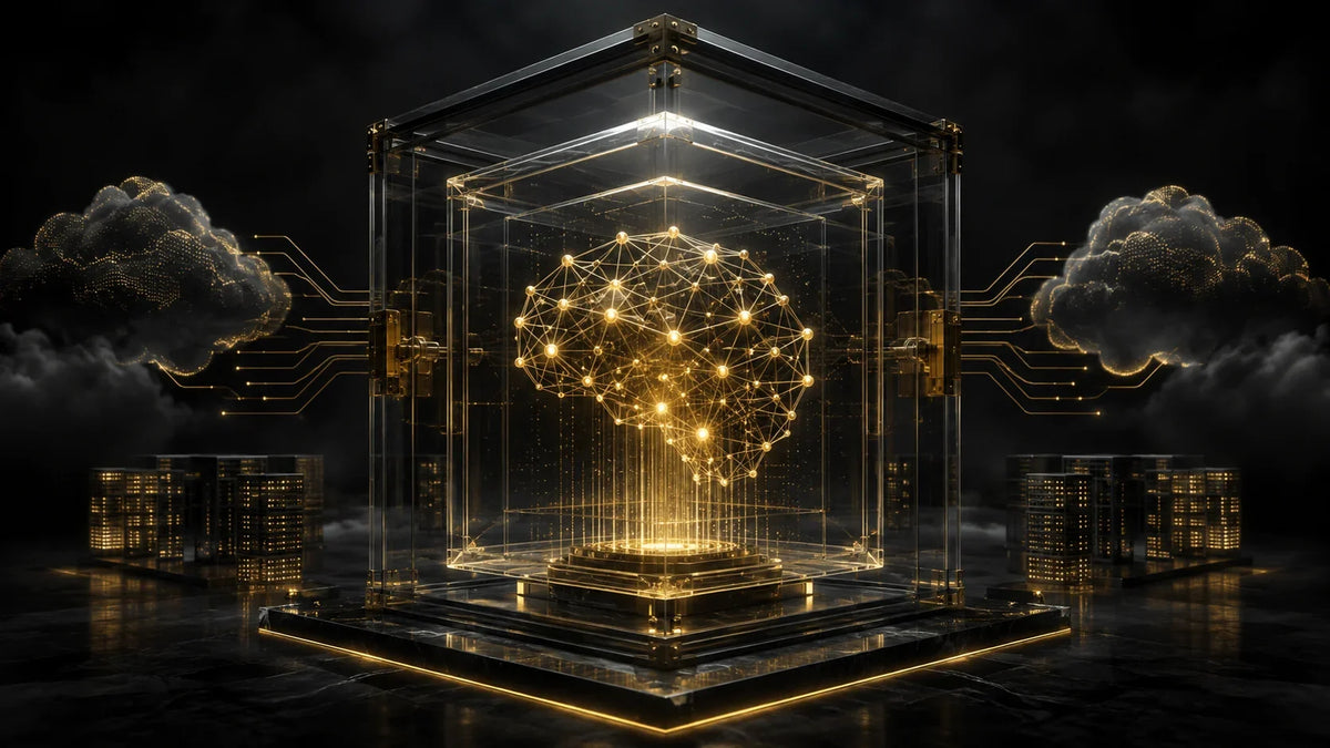 Dark secure cloud chamber with a golden neural lattice protected behind transparent data vault layers