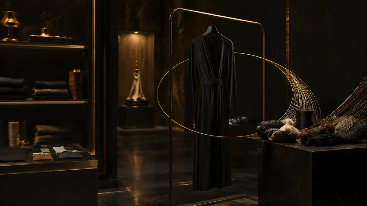 Unworn black garment in a dark atelier encircled by a continuous golden thread and recovered fibres