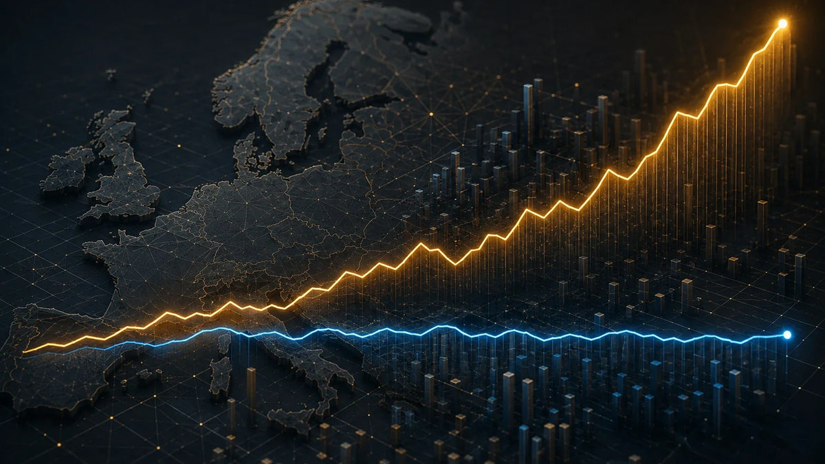 Abstract European economic map with a rising amber line and a steady blue line