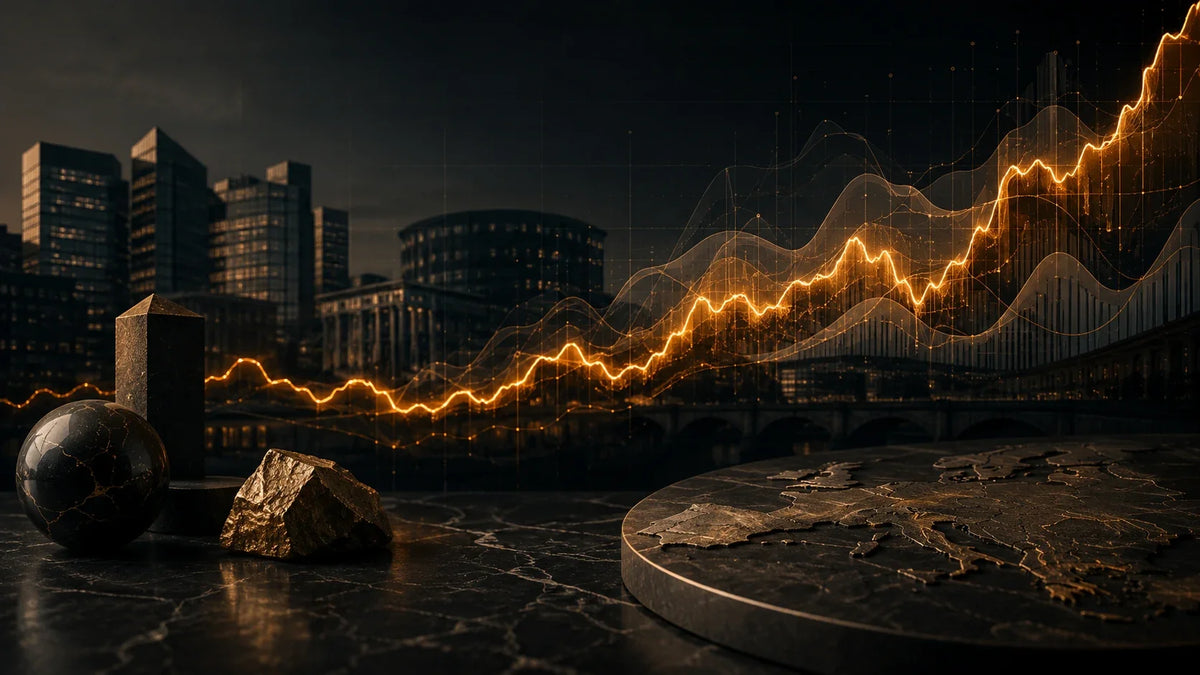 Golden price index curve rising across a dark European city and energy landscape