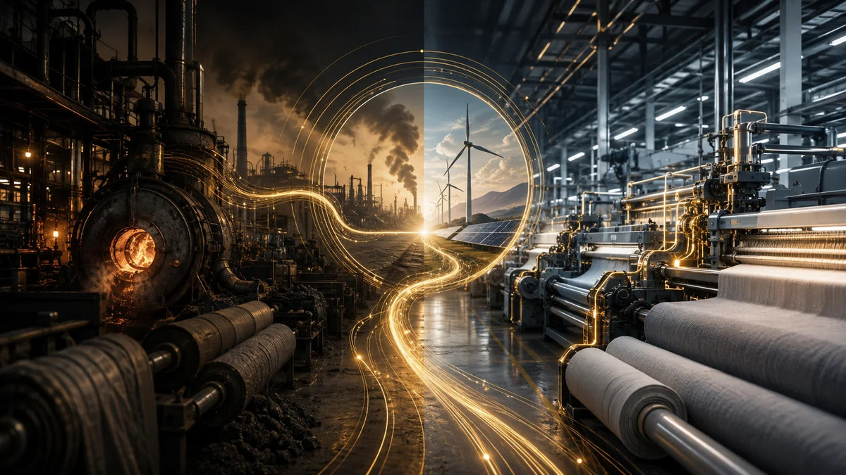 Dark textile mill transformed by golden renewable-energy lines flowing through looms and fabric rolls