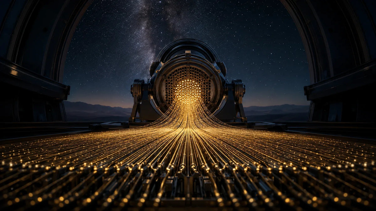 Golden multi-object spectrograph beams dividing into a thousand fine paths beneath a dark observatory dome