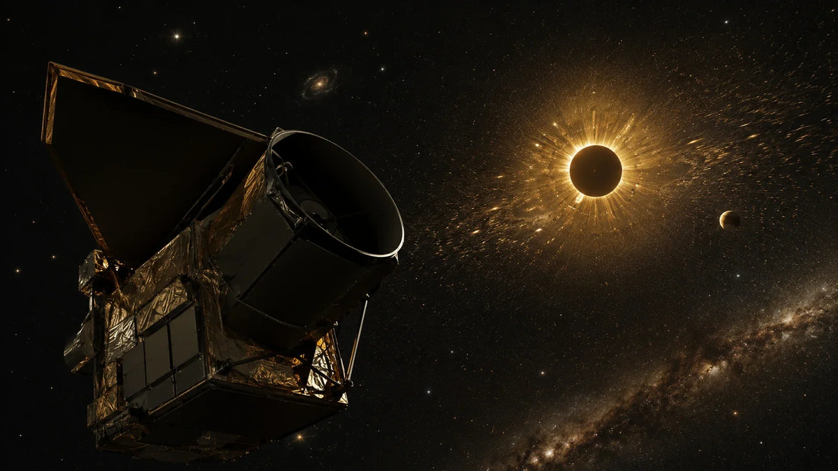 Space telescope observing a faint exoplanet beside a star masked by a golden coronagraph halo