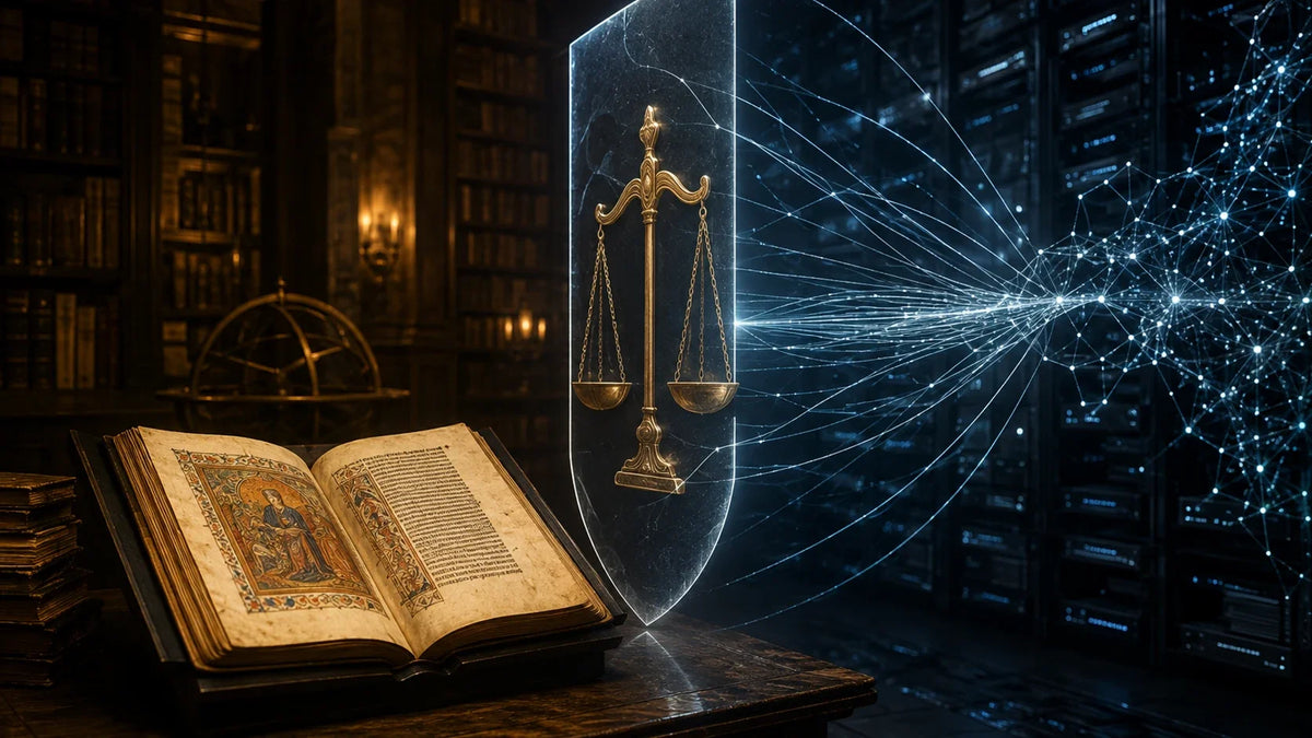 Historic books and a neural data network separated by a transparent legal boundary