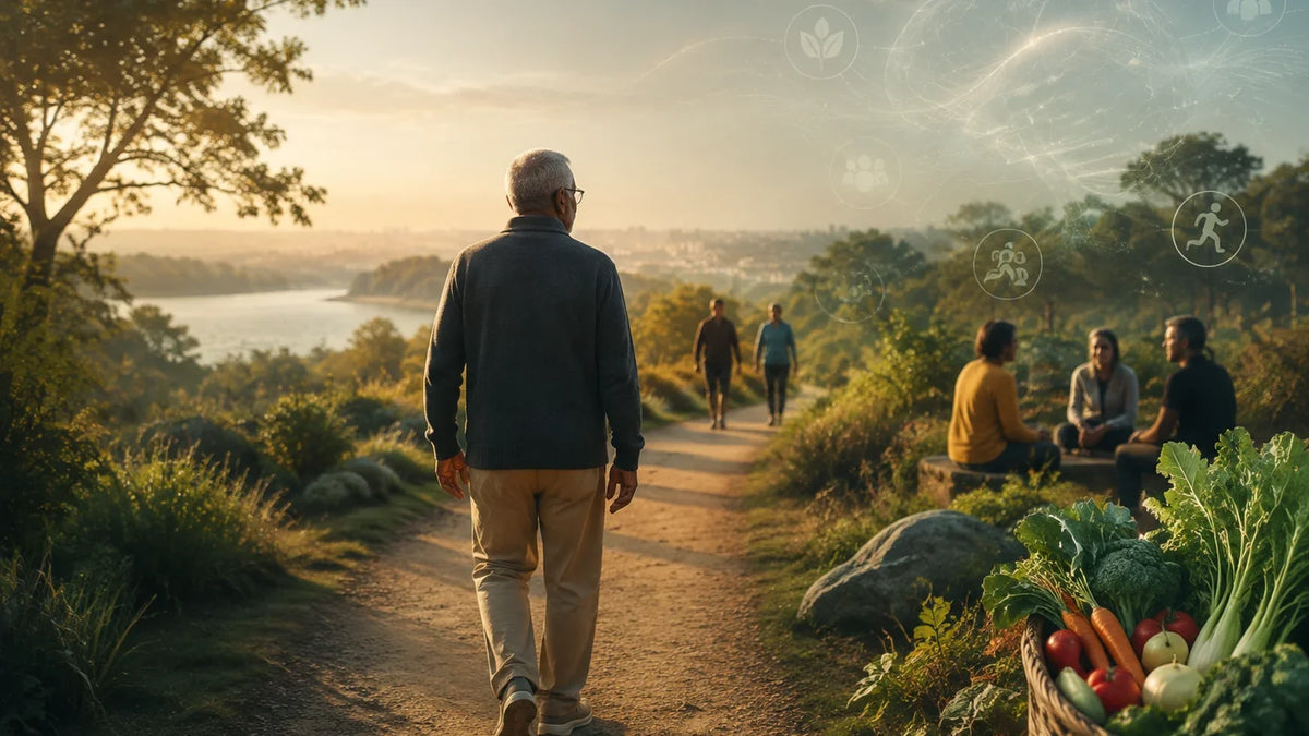 Older adult walking through a healthy natural landscape with subtle symbols of movement and social connection