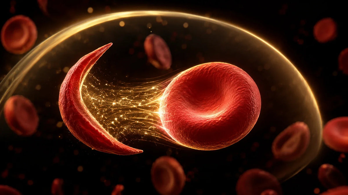 Scientific visualization of a sickle-shaped red blood cell transitioning toward a healthy round cell
