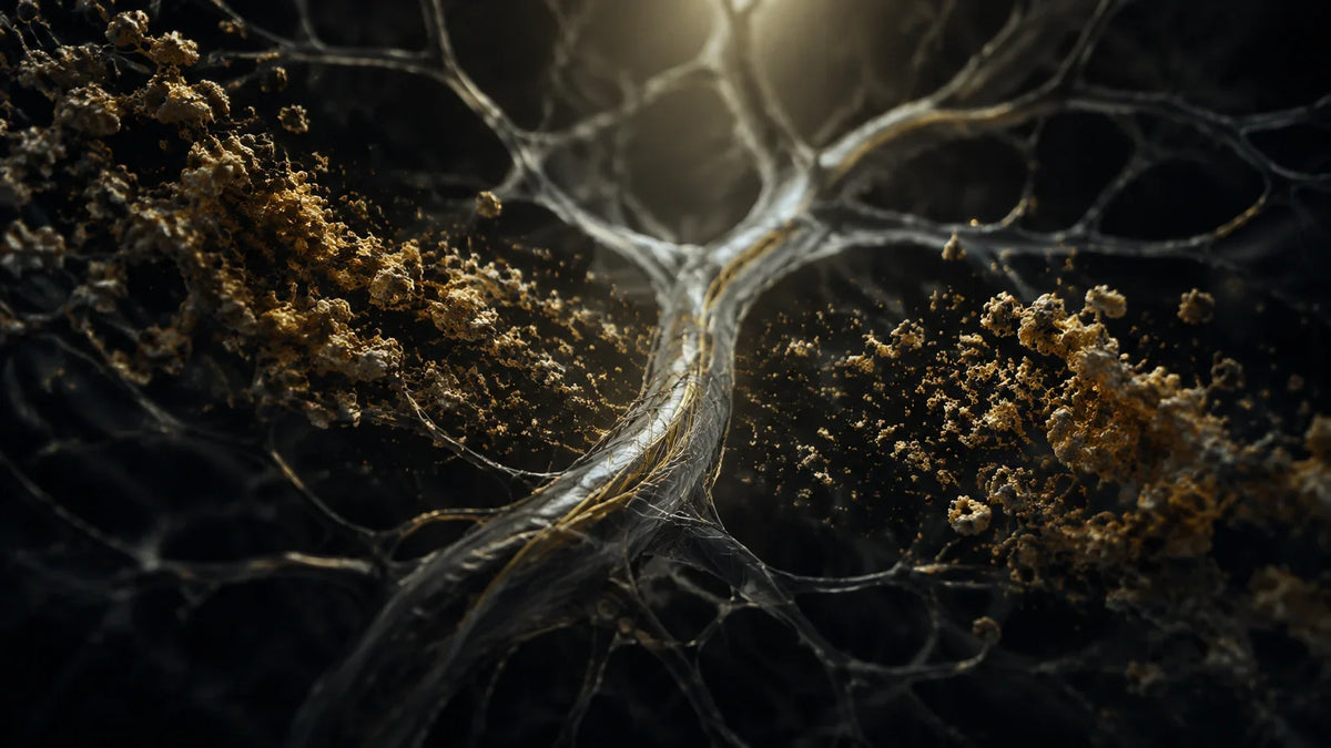 Abstract golden neural fibres clearing around a protected central pathway in a dark clinical research environment