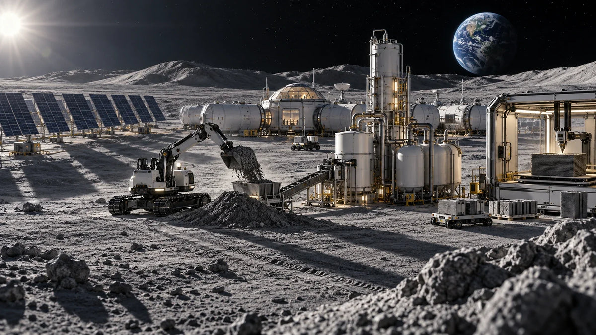 AI-generated artist’s concept of lunar power, oxygen processing and manufacturing systems; not an operating NASA installation.