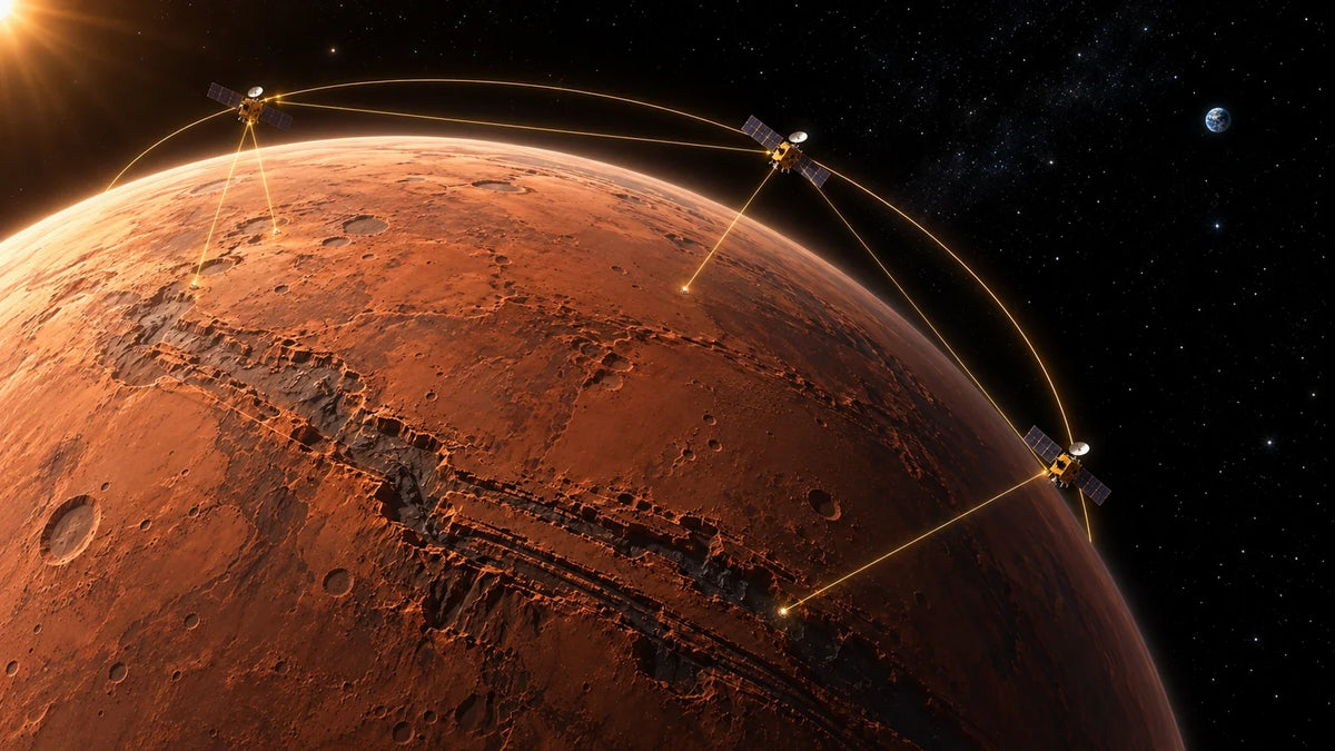 AI-generated artist’s concept of satellites relaying communications around Mars; not an operating network or to-scale diagram.