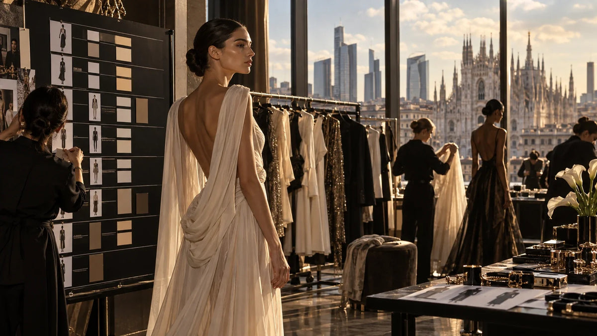AI-generated editorial illustration for “How to Read the Milan Fashion Week SS27 Calendar Without Rumours”; conceptual scene, not a real photograph or factual evidence.