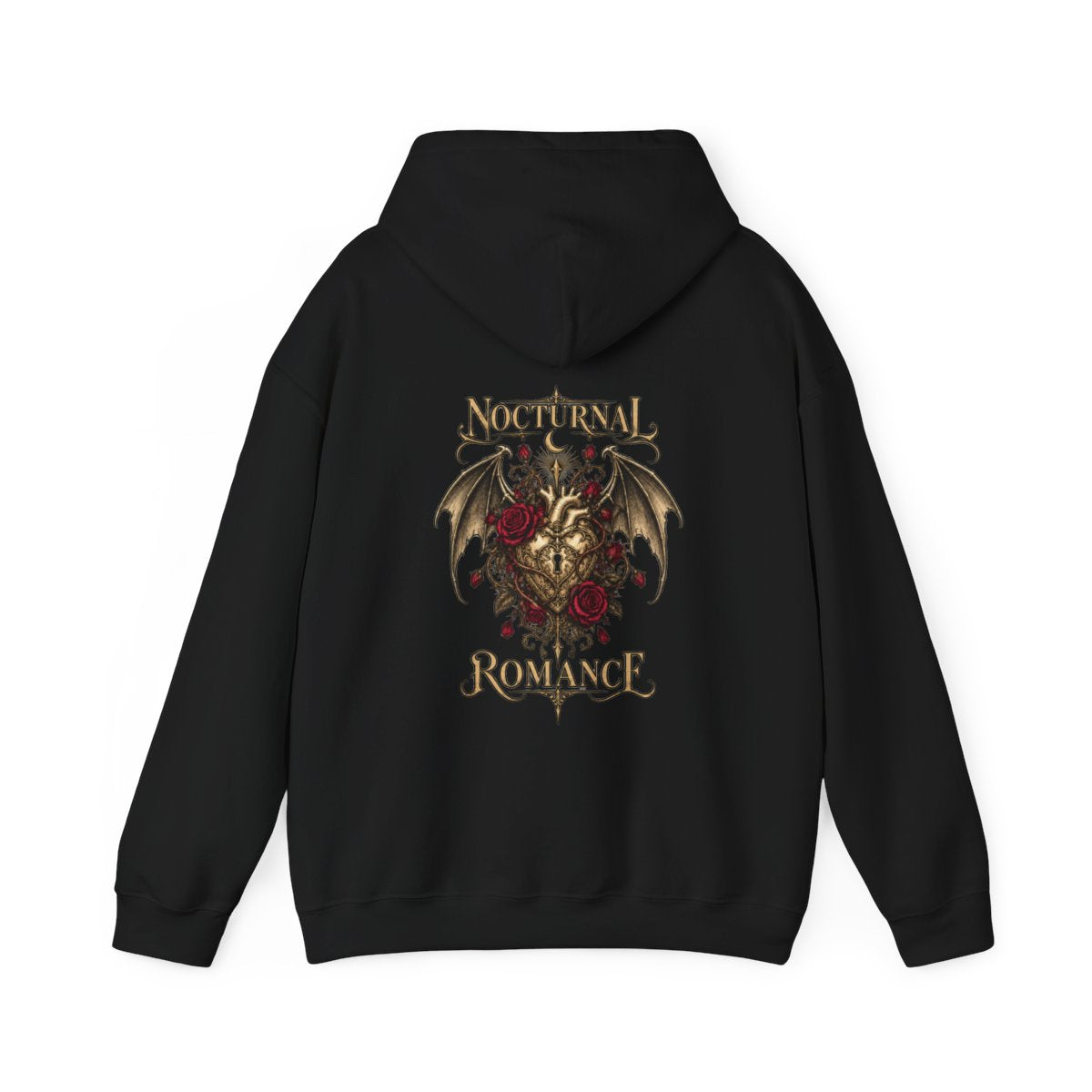 Back view of the black NOCTURNAL ROMANCE Mythic Mode hoodie