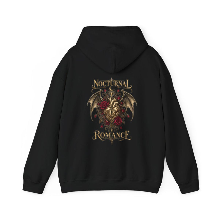 Πίσω όψη του μαύρου hoodie NOCTURNAL ROMANCE του Mythic Mode