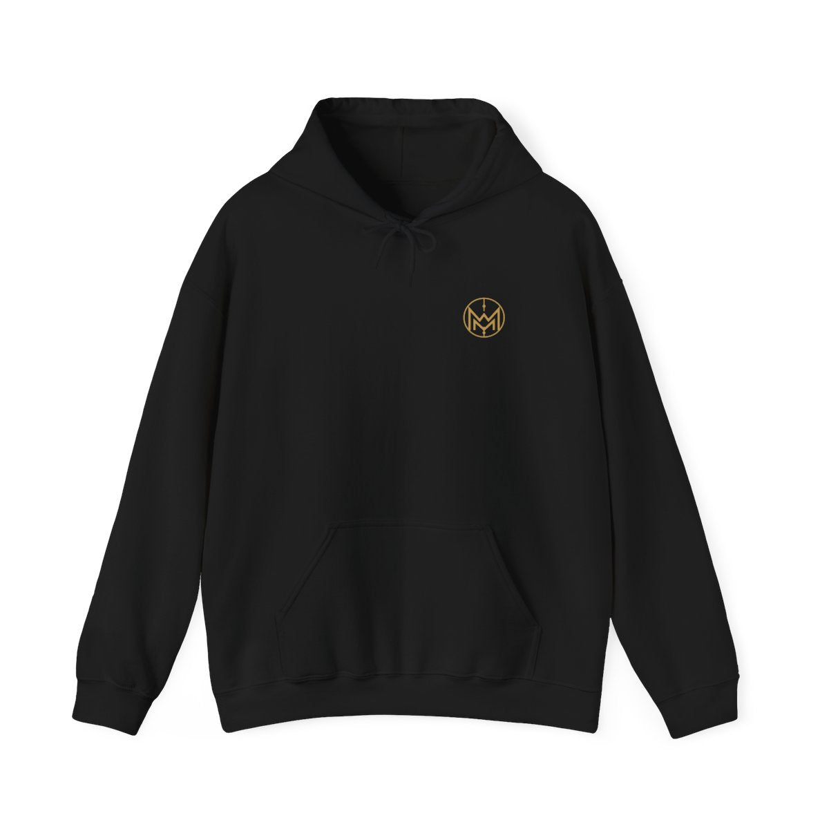 Front view of a black Mythic Mode Gildan 18500 hoodie with a gold monogram on the left chest; Printify provider mockup