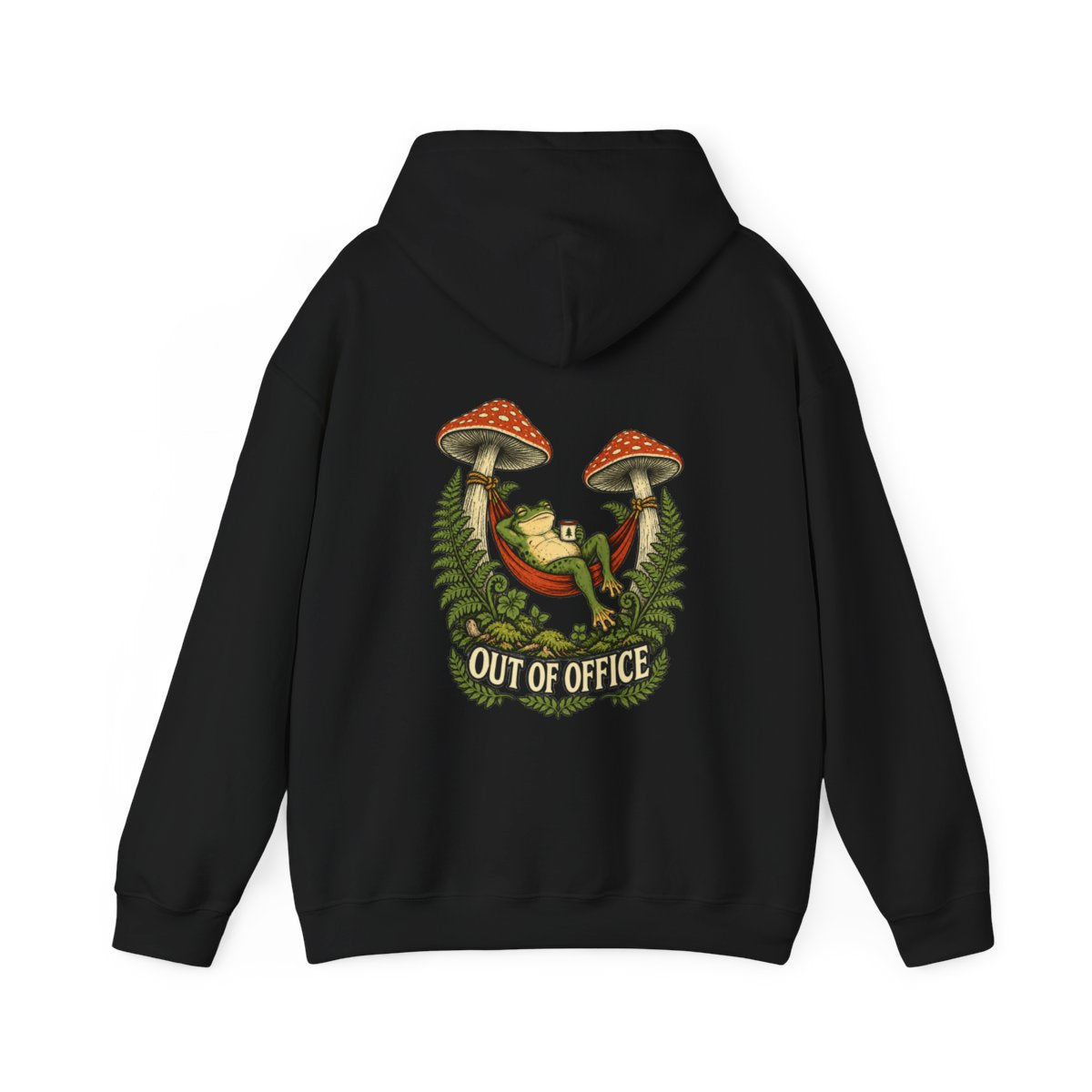 Back of the black OUT OF OFFICE hoodie with frog-and-mushroom artwork
