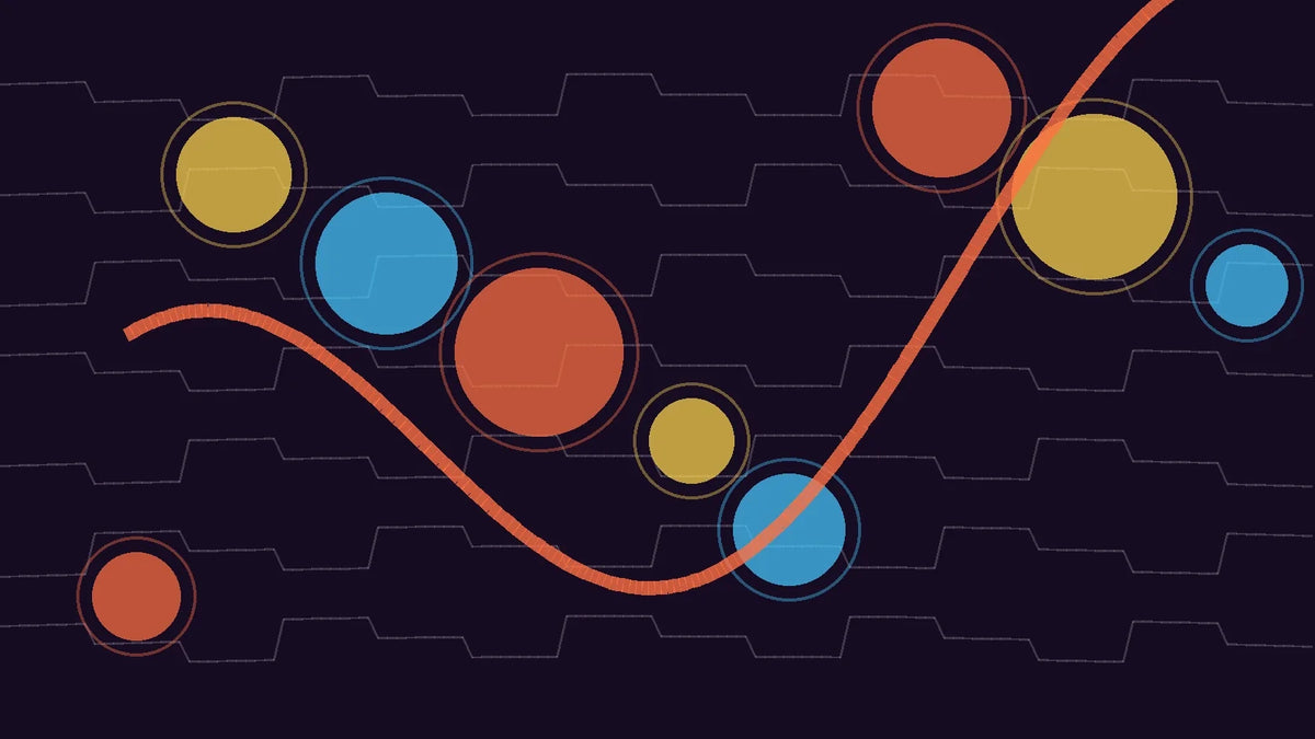 Editorial illustration with layered geometric forms on a dark background.