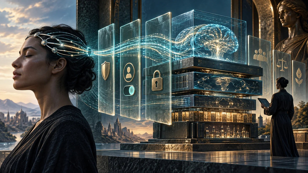 AI-generated editorial illustration for “When Brain Data Becomes AI Infrastructure: The EU Ethics Case for Neuro-AI Governance”; conceptual scene, not a real photograph or factual evidence.