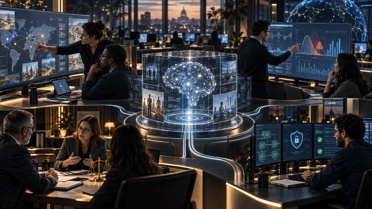 AI-generated editorial illustration of a risk-management operations room with four connected work zones; conceptual, not a real NIST facility.