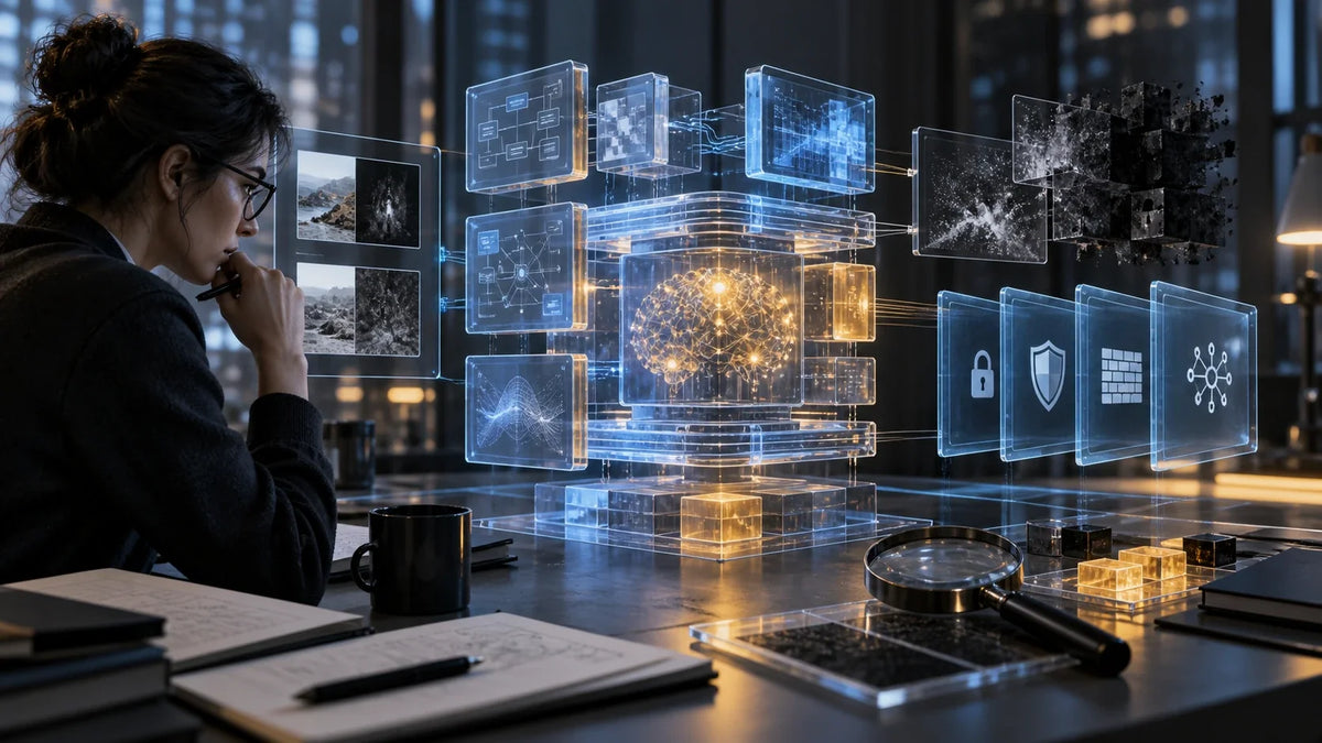 AI-generated editorial illustration for “Open-Source AI Security: What a UK Evidence Review Found—and What It Could Not Prove”; conceptual scene, not a real photograph or factual evidence.
