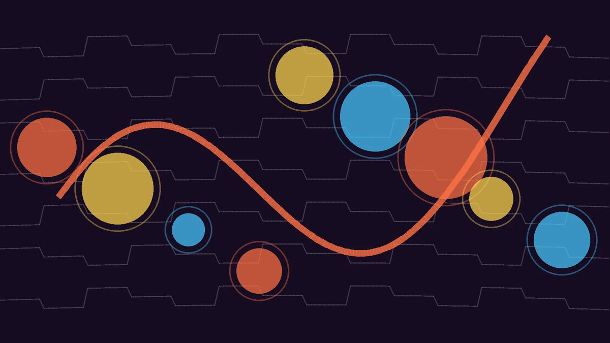 Editorial illustration with layered geometric forms on a dark background.