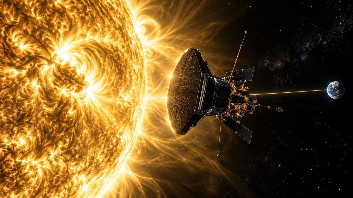 „29. těsné přiblížení sondy Parker Solar Probe: co následuje po signálu majáku“ — redakční ilustrace vytvořená pomocí AI; koncept, ne skutečná fotografie ani faktický důkaz.
