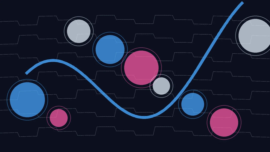 Editorial illustration with layered geometric forms on a dark background.