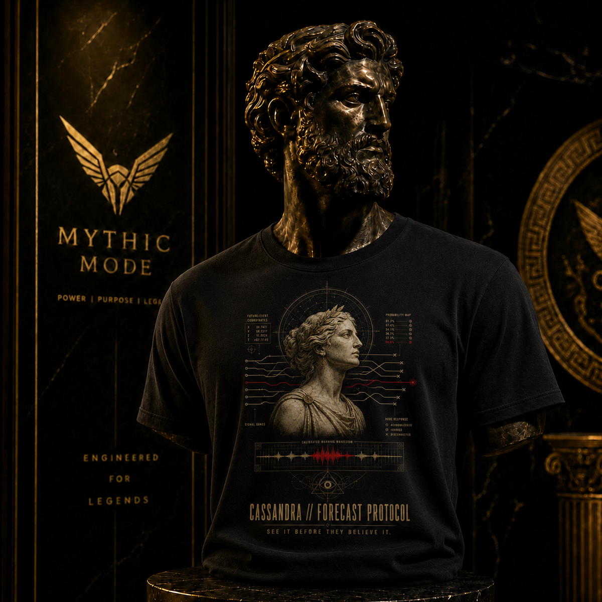 Cassandra Forecast Protocol T-Shirt — Mythic Mode primary scene
