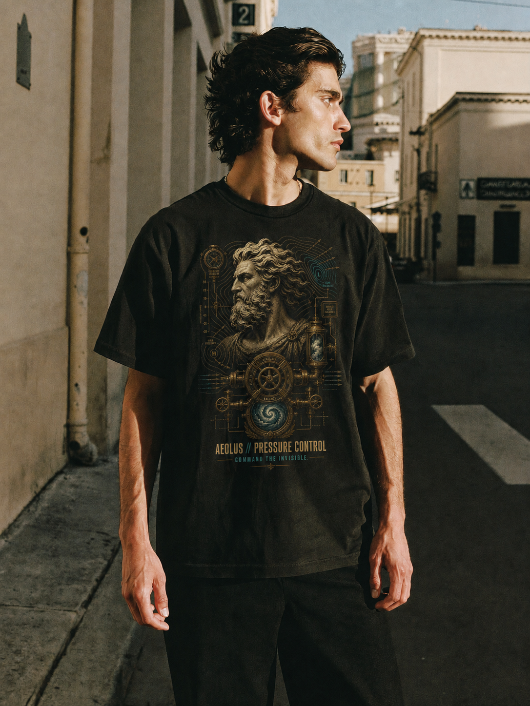 Aeolus Pressure Control black T-shirt — male Athens lifestyle shot 01