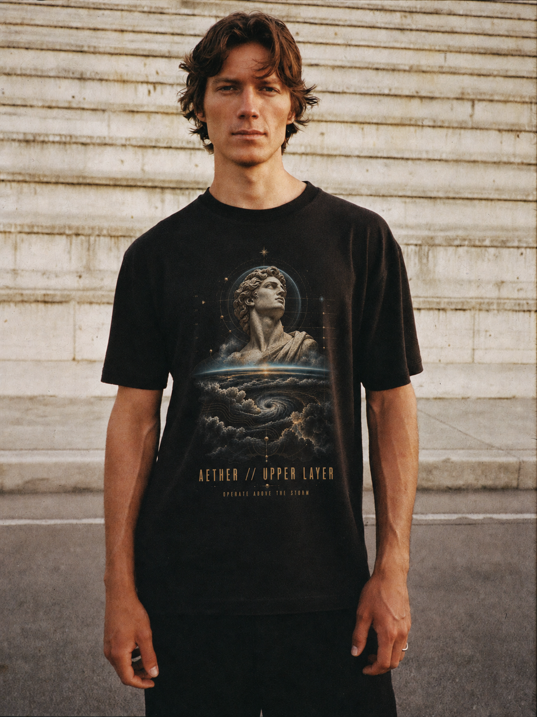 Aether Upper Layer black T-shirt — male Athens lifestyle shot 01