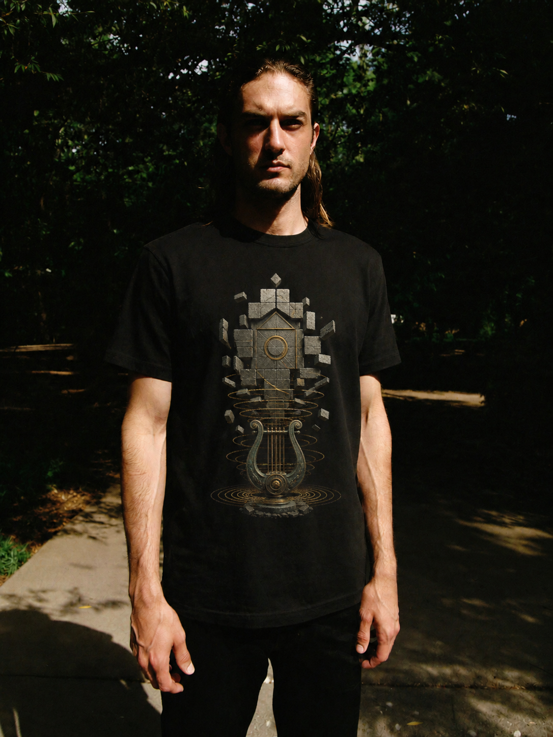 Amphion Stone Chorus black T-shirt — male Athens lifestyle shot 01