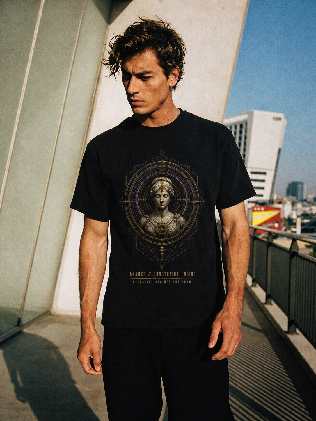 Ananke Constraint Engine black T-shirt — male Athens lifestyle shot 01