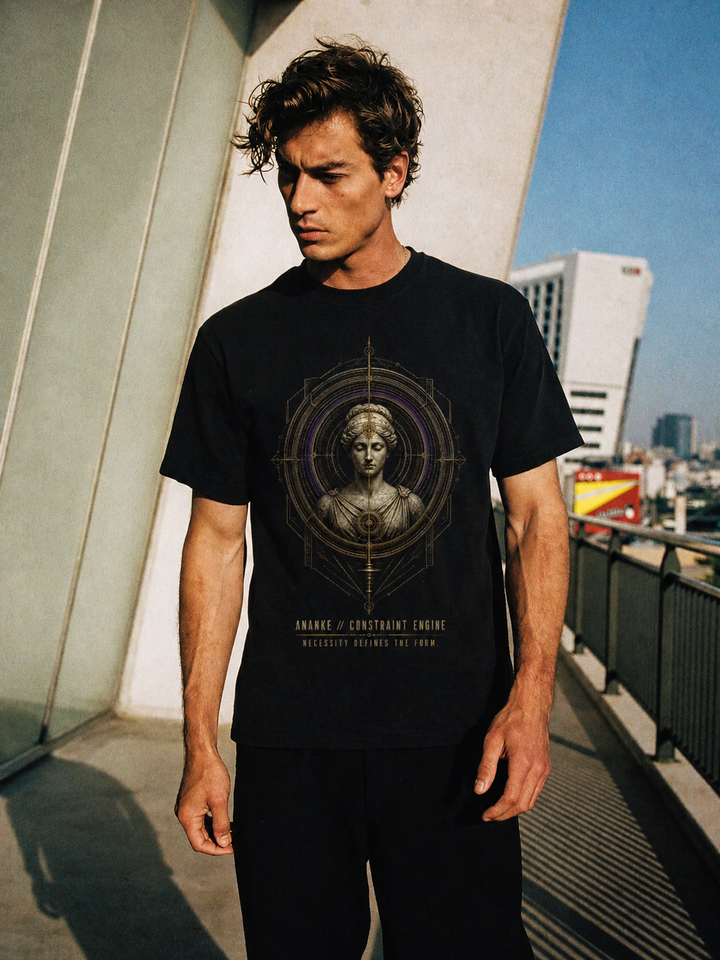 Ananke Constraint Engine black T-shirt — male Athens lifestyle shot 01