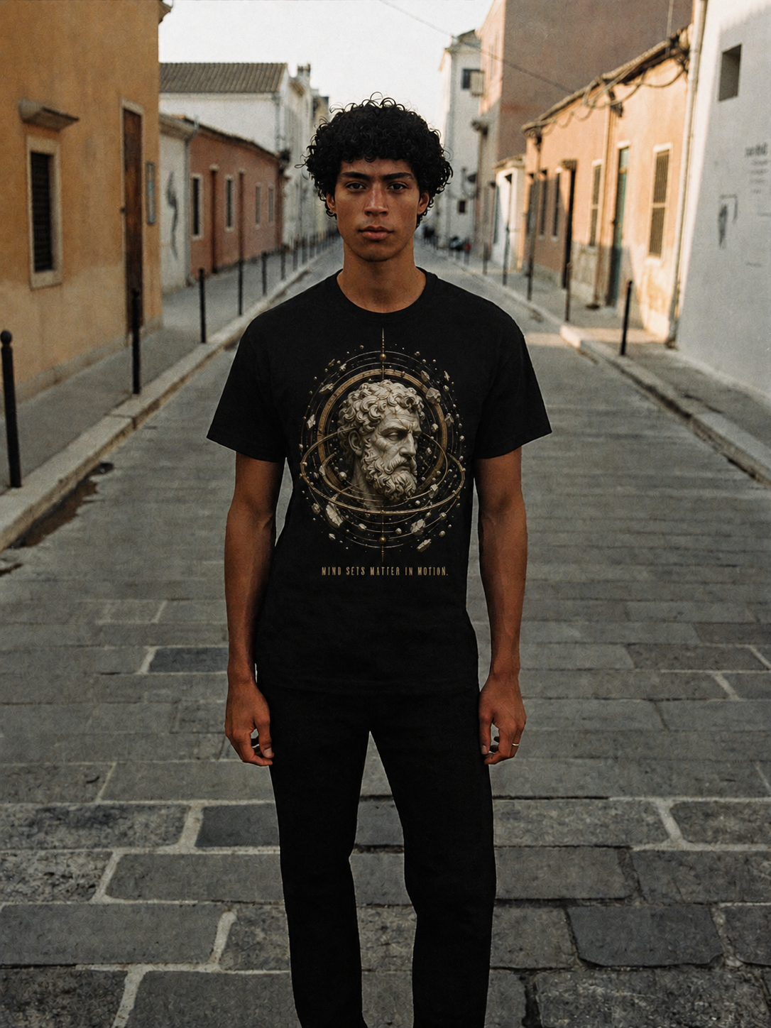 Anaxagoras Nous Engine black T-shirt — male Athens lifestyle shot 01