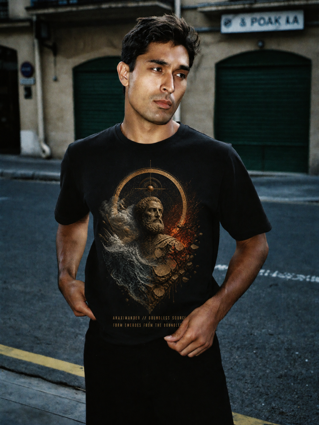 Anaximander Boundless Source black T-shirt — male Athens lifestyle shot 01