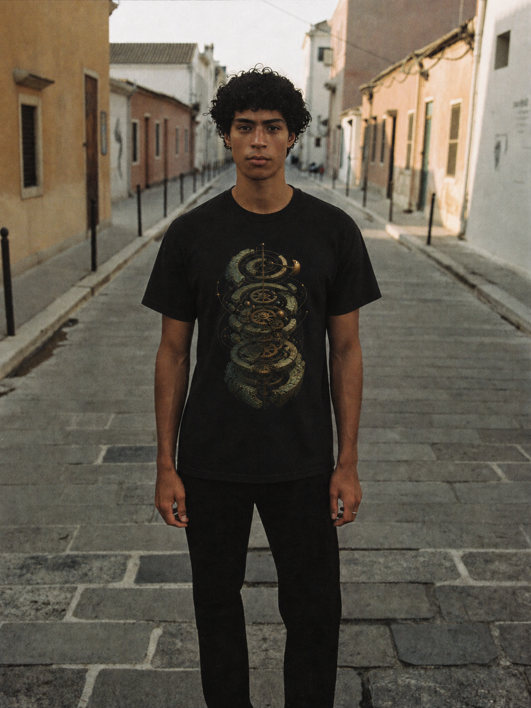 Antikythera Celestial Mechanism black T-shirt — male Athens lifestyle shot 01