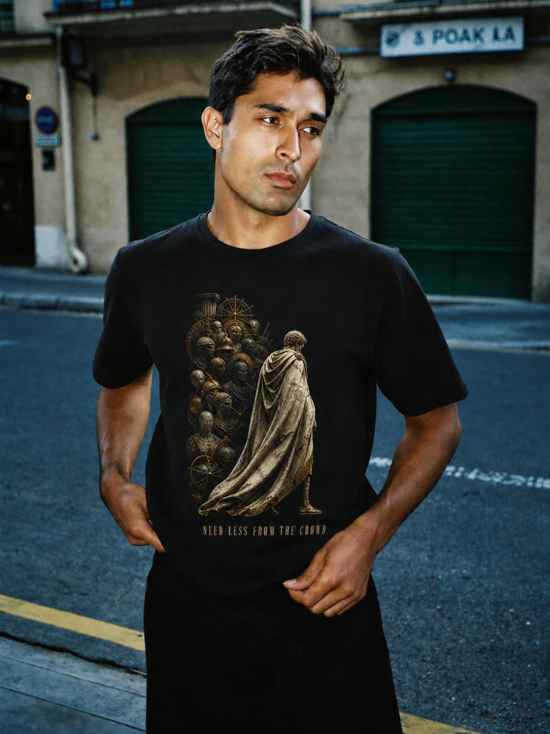 Antisthenes Self-Sufficiency black T-shirt — male Athens lifestyle shot 01