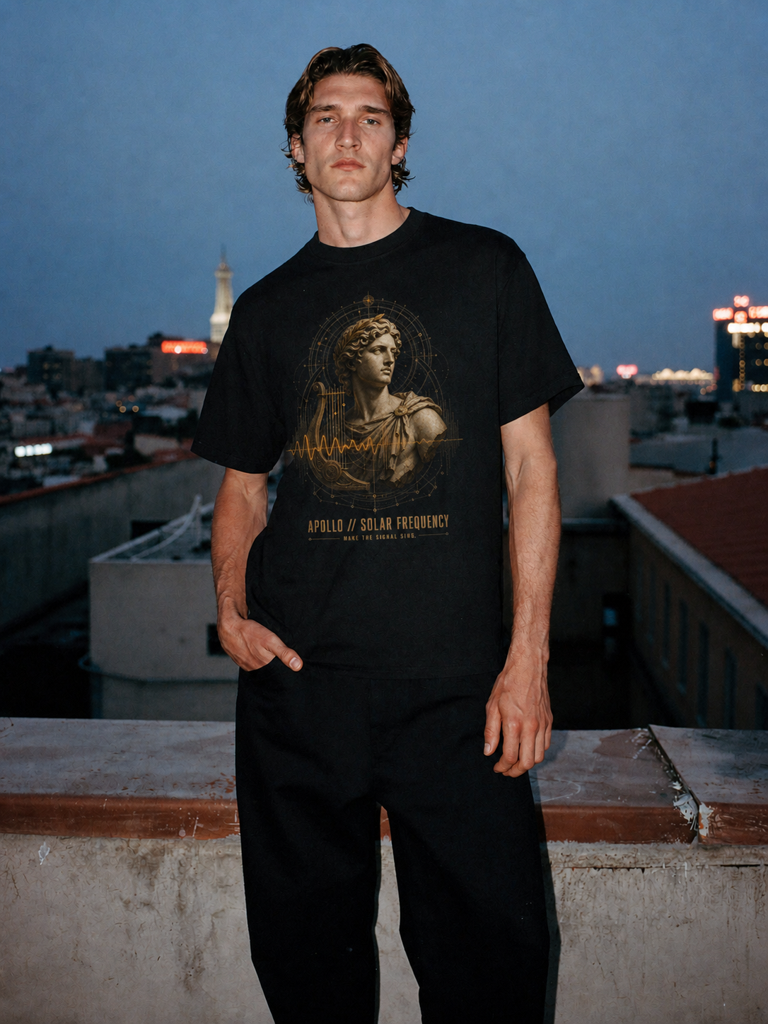 Apollo Solar Frequency black T-shirt — male Athens lifestyle shot 01