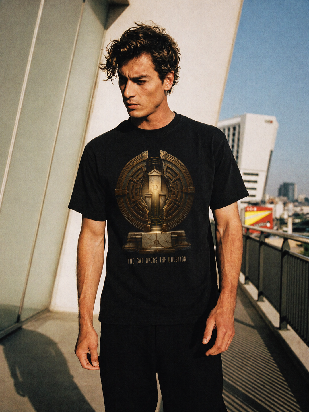 Aporia Productive Doubt black T-shirt — male Athens lifestyle shot 01